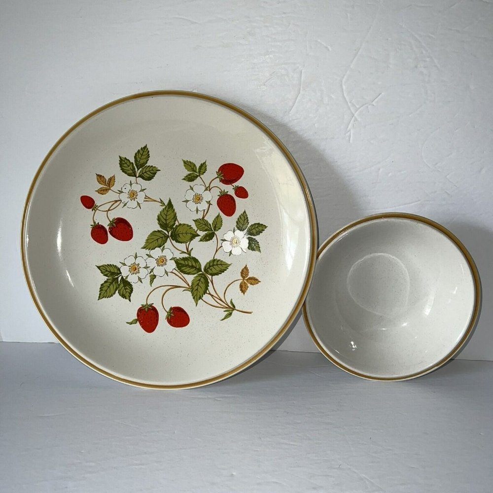 VTG Sheffield Strawberries 'n Cream Stoneware Japan 10.5" Plate & 6" Soup Bowl